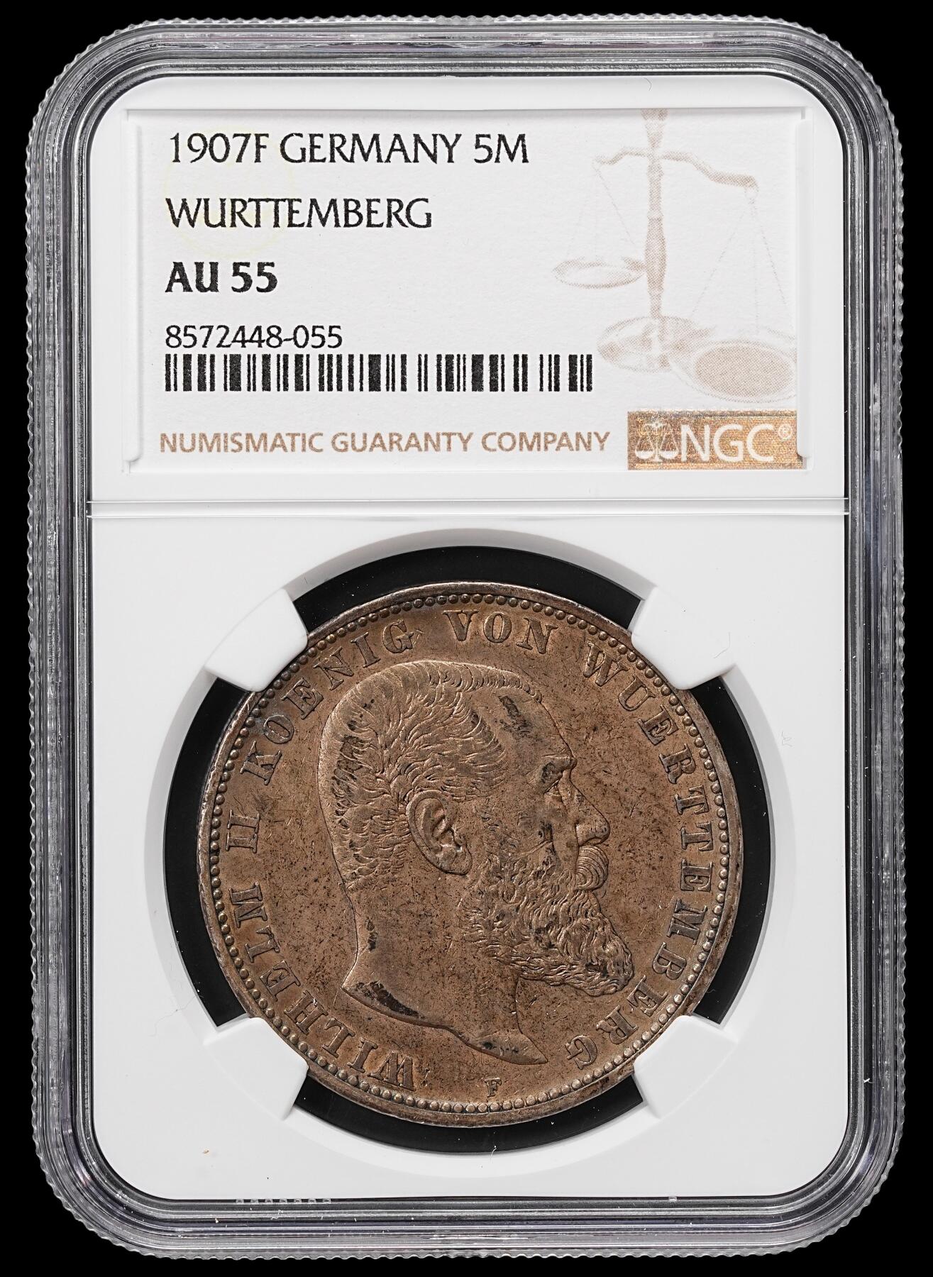 修遠堂世界钱币第八十六期 NGC AU55 1907年符腾堡5马克大银币