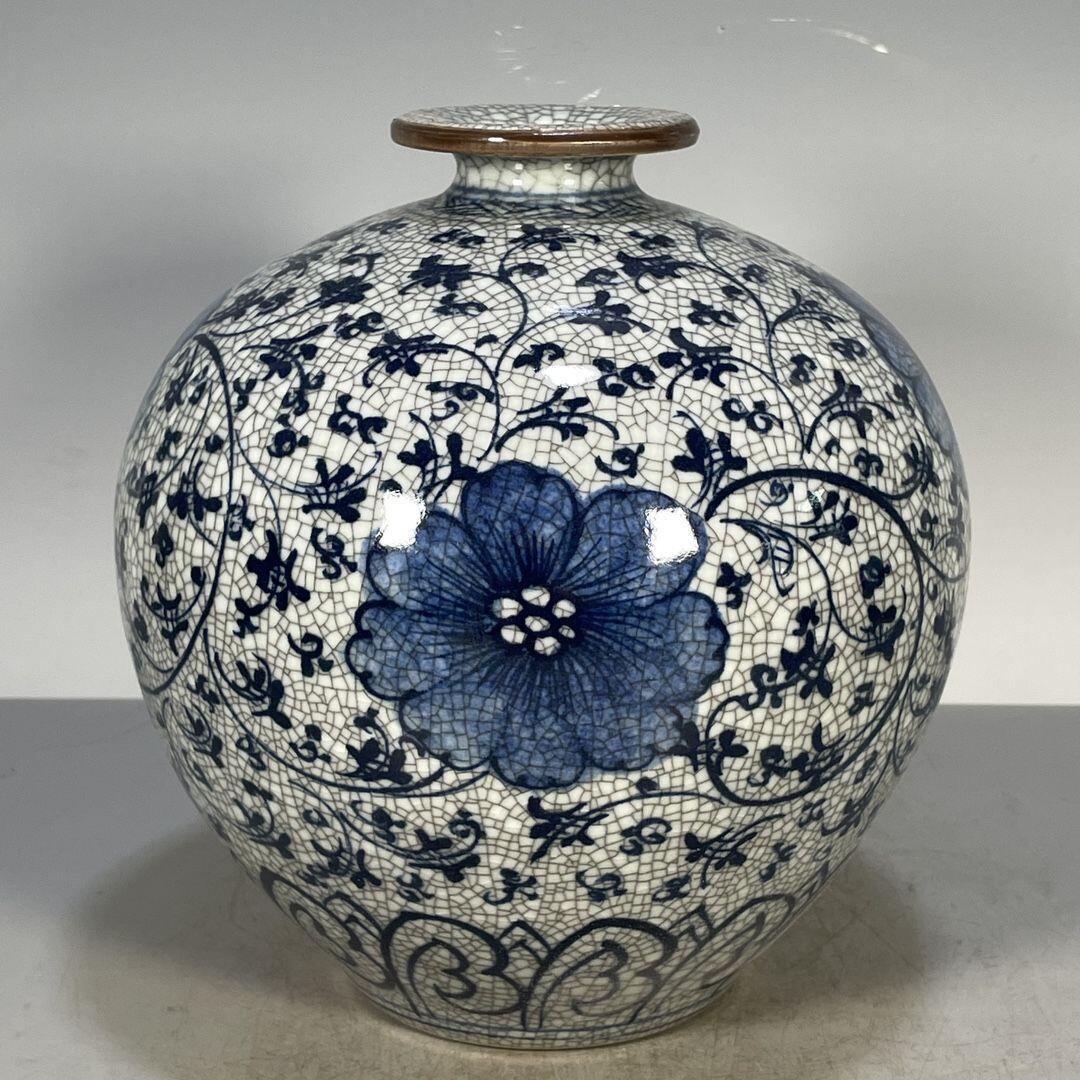 精品老瓷器专场 官字款开片青花花卉图纹花瓶摆件