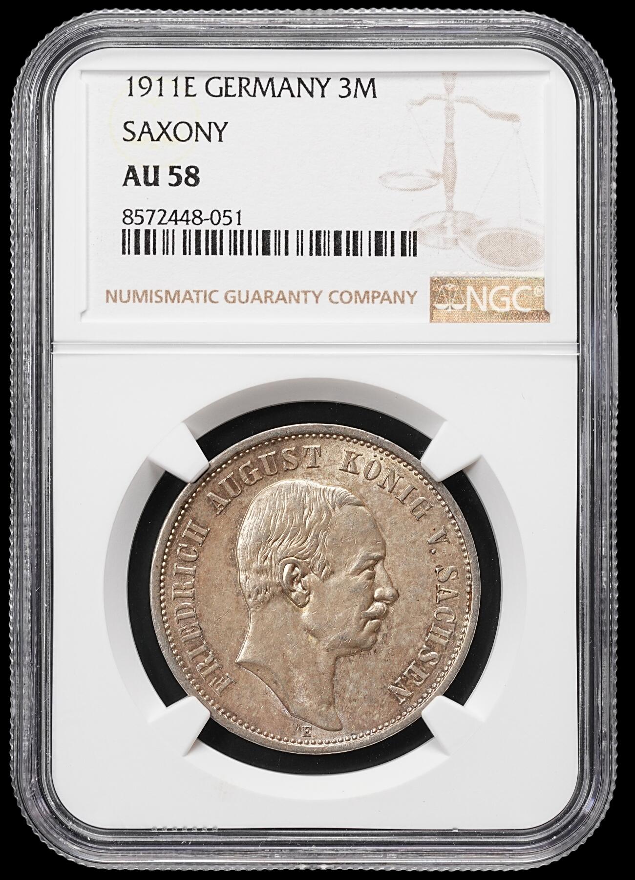修遠堂世界钱币第八十六期 NGC AU58 1911年萨克森3马克银币