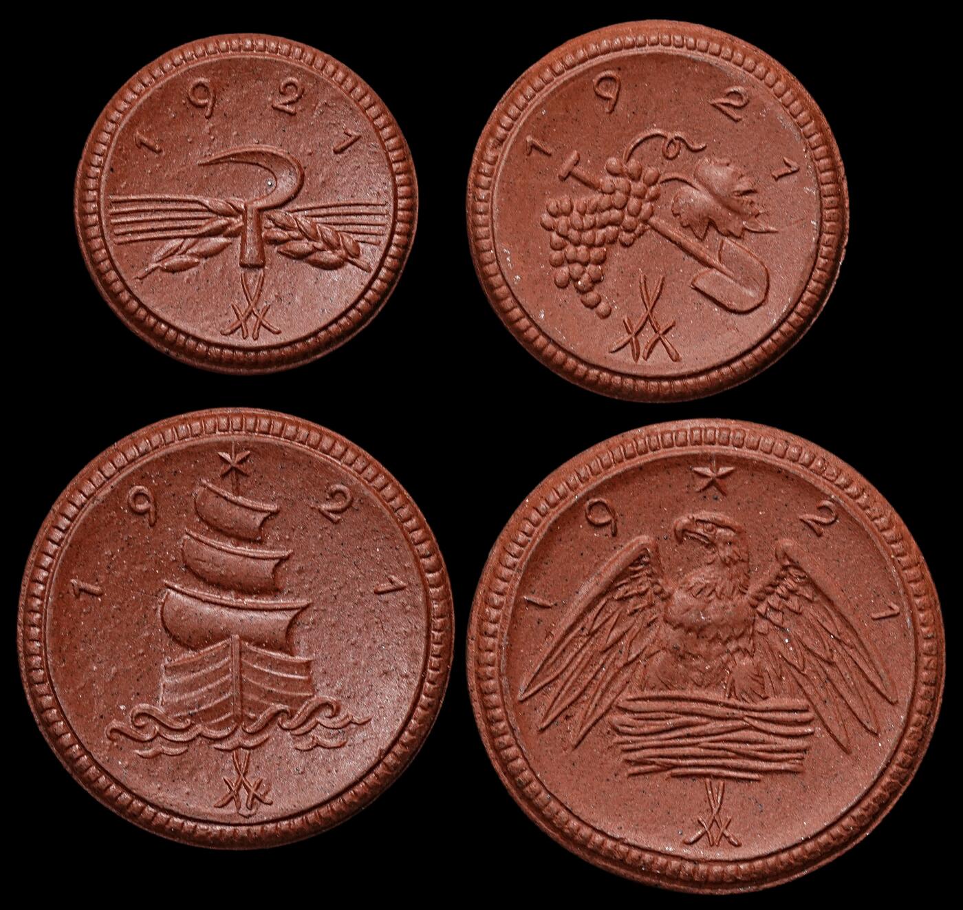 修遠堂世界钱币第八十六期 1921年德国紧急时期萨克森陶瓷币四枚 完全未流通