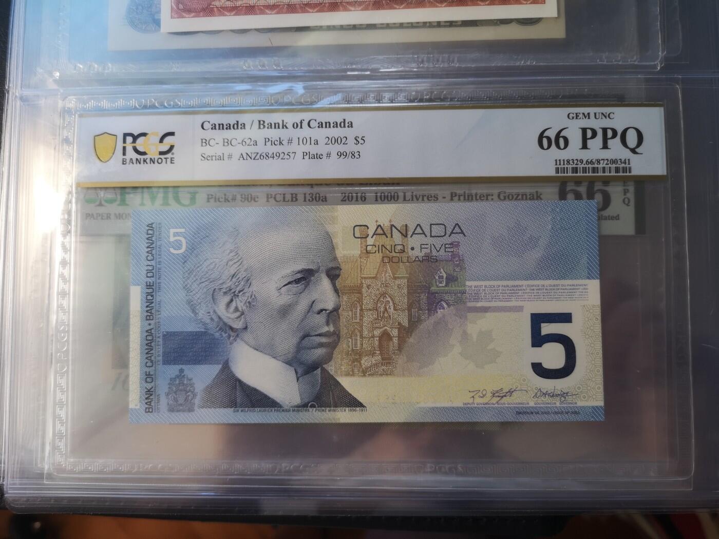 长老汇蛇年精选第五十三场拍卖 2002加拿大5元，PCGS66，串号：ANZ6849257