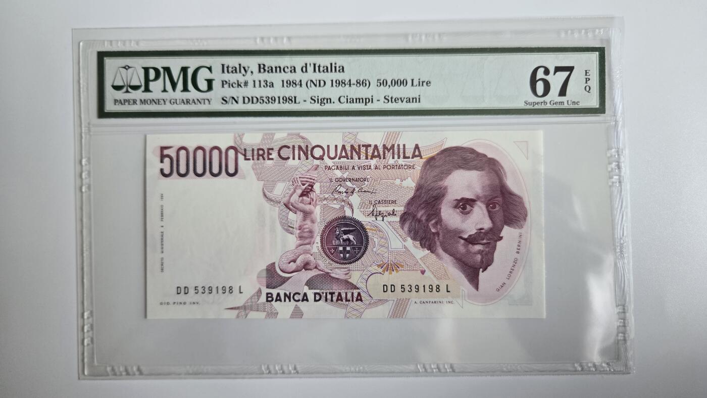 评级外币专场 意大利50000里拉 pmg67 冠军分 稀少初版无47  乔凡尼·洛伦佐·贝尼尼1984