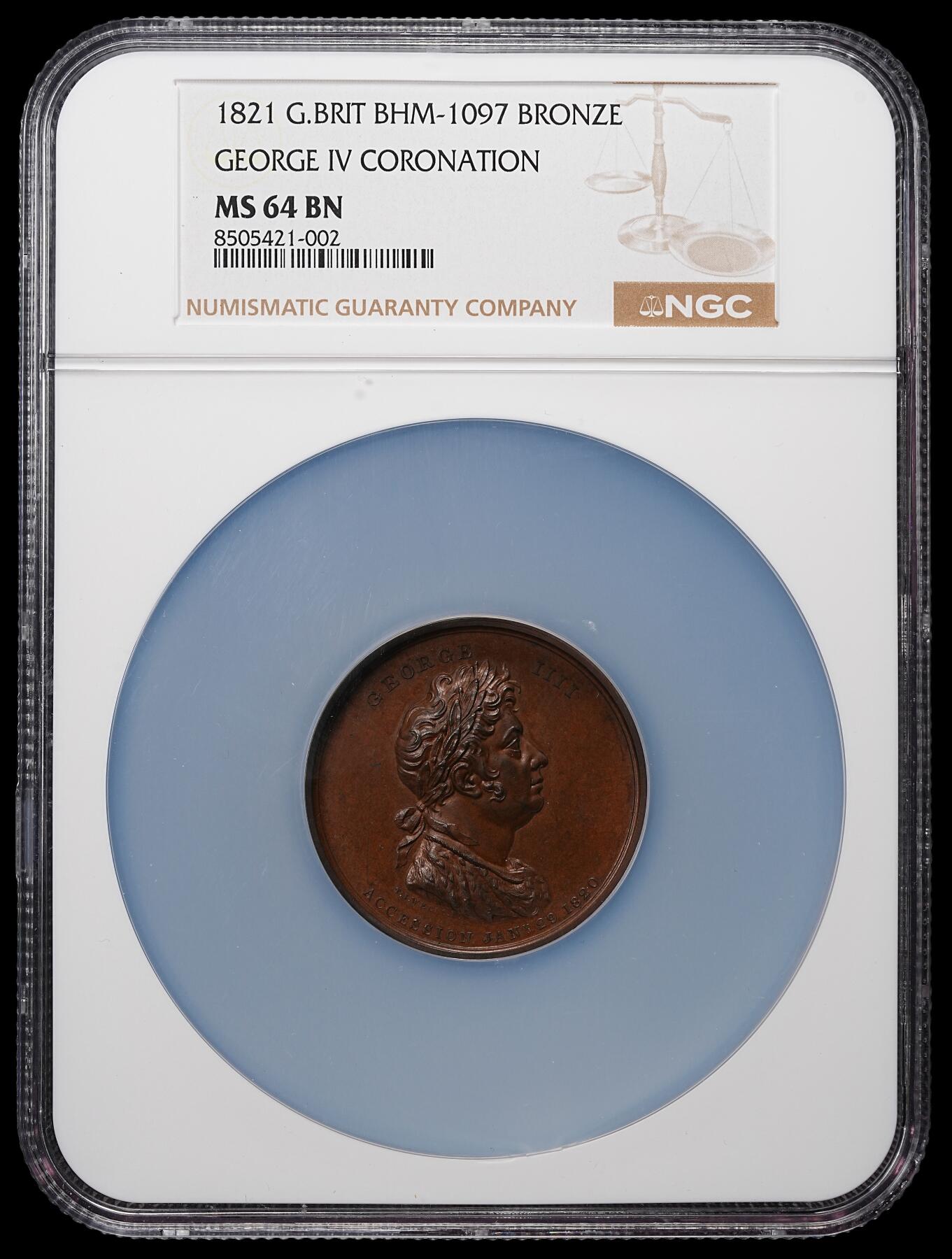修遠堂世界钱币第八十六期 NGC MS64BN 1821年英王乔治四世加冕纪念高浮雕大铜章