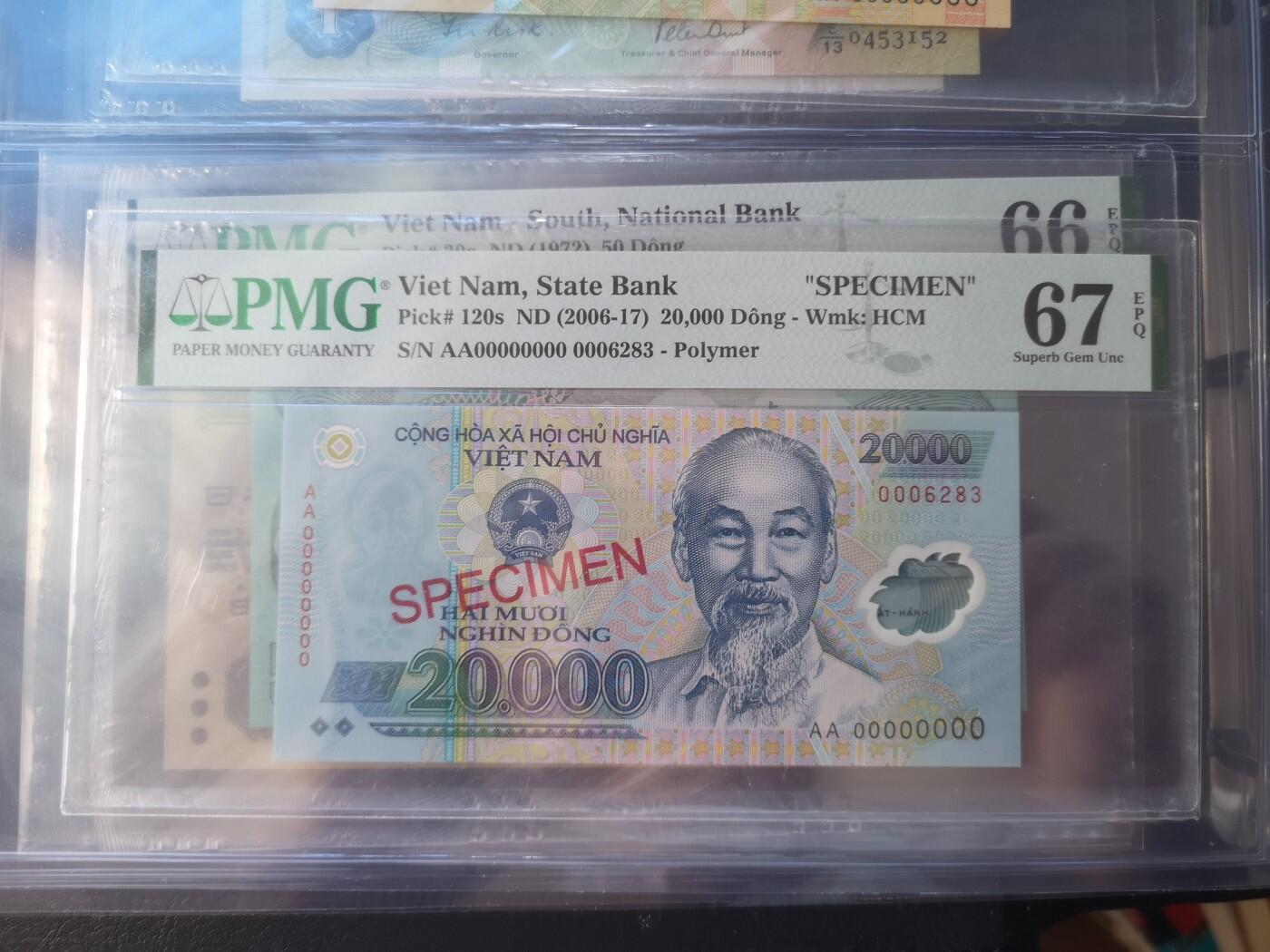 长老汇蛇年精选第五十三场拍卖 2006-17越南20000盾，PMG67样币，串号：AA00000000 0006283