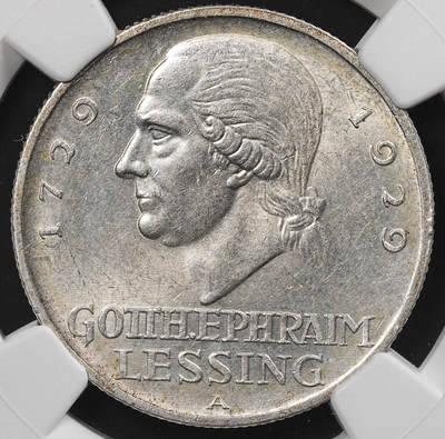 修遠堂世界钱币第八十六期 - NGC MS61 1929年德国-莱辛诞辰200周年纪念3马克银币 A厂铭