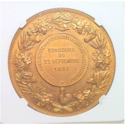 【旋风钱币】10月4日19:00准时开拍 精美欧洲币章 第三帝国货币等 全场包邮！ NGC MS63RB 法国1895年 谷物女神高浮雕精制大铜章 42MM