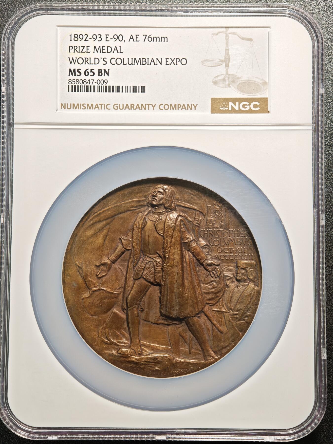 【德藏】世界币章拍卖第148期（拍品征集中~欢迎藏友联系） 1892-93年 美国芝加哥世博会大铜章暨哥伦布发现美洲大陆400周年76mm纪念大铜章 NGC MS65BN 立体感十足 人物刻画极其传神 包浆极其温润 稀少品种