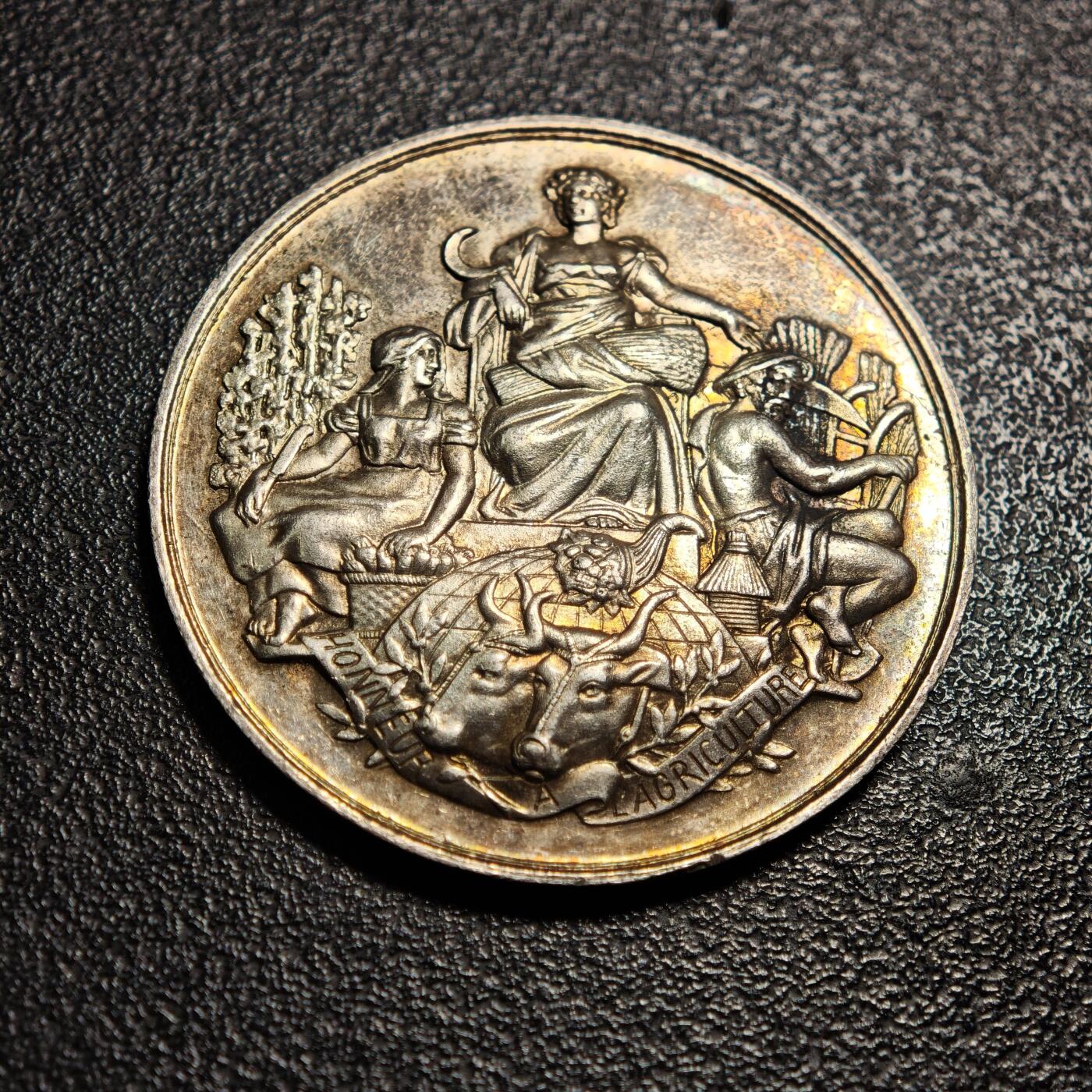 【德藏】世界币章拍卖第148期（拍品征集中~欢迎藏友联系） 19世纪 法国农业协会银章 淡金色包浆 设计图案细腻丰富 直径约：36.6mm；重约：21.8g
