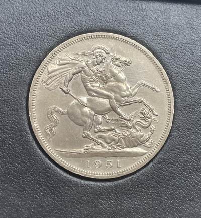 世界钱币专场拍卖 - 原盒带证1951年英国乔治六世马剑1克朗镍币 28.2克