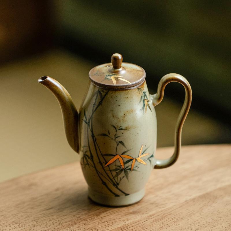 精品老瓷器专场 复古釉纯手绘青竹茶壶 10.5*10.6