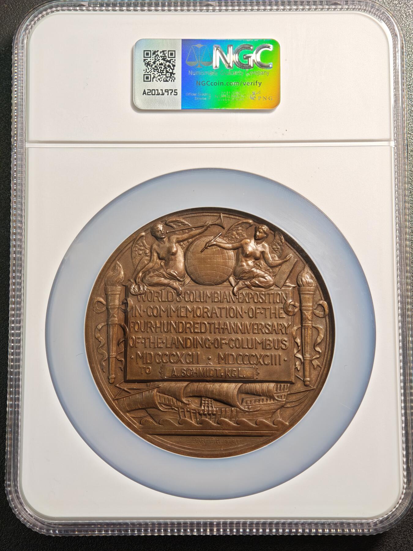 【德藏】世界币章拍卖第148期（拍品征集中~欢迎藏友联系） 1892-93年 美国芝加哥世博会大铜章暨哥伦布发现美洲大陆400周年76mm纪念大铜章 NGC MS65BN 立体感十足 人物刻画极其传神 包浆极其温润 稀少品种