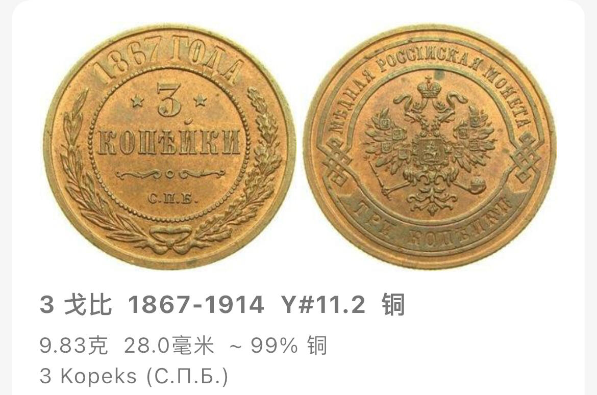 回流钱币1001-1 沙皇俄国1914年3戈比铜币 近未使用