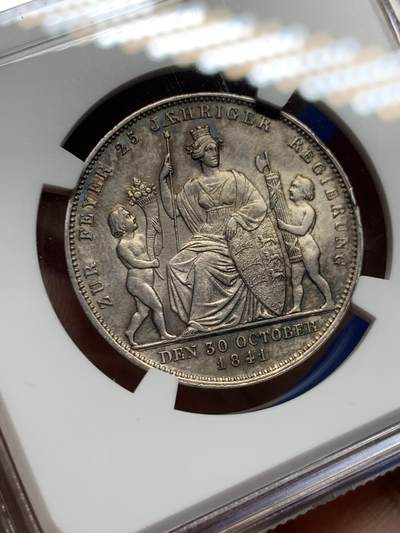 《竞宝斋》第423场 周日，周一，周二  3场连拍 （全场包邮） NGC UNC 德国1841年 符腾堡登基纪念1盾银币 原味包浆 品相状态很舒服