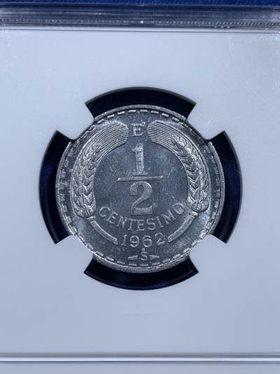 《竞宝斋》第423场 周日，周一，周二  3场连拍 （全场包邮） NGC MS64 智利1962年1/2分铝币，少见品种，此时期少见的面值！此分数收藏合适！
