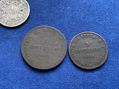 《竞宝斋》第423场 周日，周一，周二  3场连拍 （全场包邮） 四枚一组 意大利拿破仑时期法占卢卡邦国辅币：少见1806年3分和5分面值铜币，1808年1法郎银币，VF品，1837年2里拉银币，F品