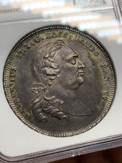 《竞宝斋》第423场 周日，周一，周二  3场连拍 （全场包邮） NGC MS62 德国 1766年 黑森卡塞尔 1泰勒大银币 深包浆 出分不易 非常难的品种 季军分 更高分仅两枚 