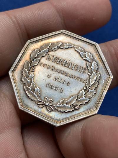 《竞宝斋》第423场 周日，周一，周二  3场连拍 （全场包邮） 法国城市人寿保险公司八角银质代币，城堡王冠图，丰饶角AR边铭，35mm，20克