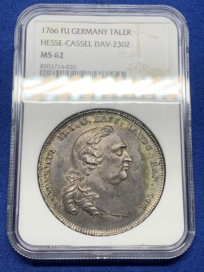 《竞宝斋》第423场 周日，周一，周二  3场连拍 （全场包邮） NGC MS62 德国 1766年 黑森卡塞尔 1泰勒大银币 深包浆 出分不易 非常难的品种 季军分 更高分仅两枚 