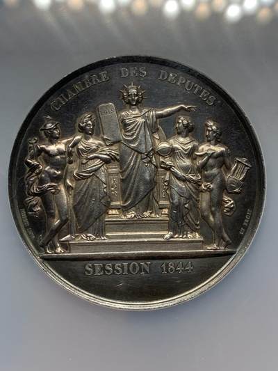 《竞宝斋》第423场 周日，周一，周二  3场连拍 （全场包邮） NGC UNCD 1844年法国七月王朝议会纪念银章 53mm 加大加厚盒