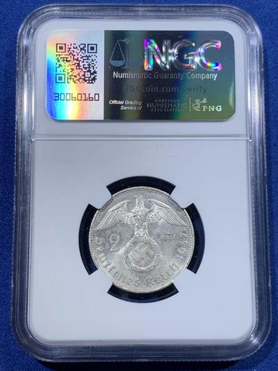 《竞宝斋》第423场 周日，周一，周二  3场连拍 （全场包邮） NGC MS62 德国1937年兴登堡2马克银币