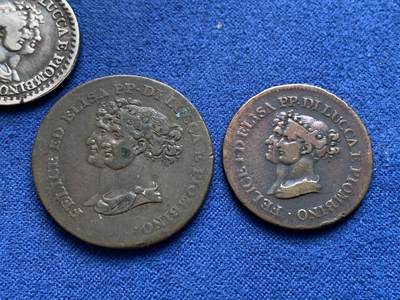 《竞宝斋》第423场 周日，周一，周二  3场连拍 （全场包邮） 四枚一组 意大利拿破仑时期法占卢卡邦国辅币：少见1806年3分和5分面值铜币，1808年1法郎银币，VF品，1837年2里拉银币，F品