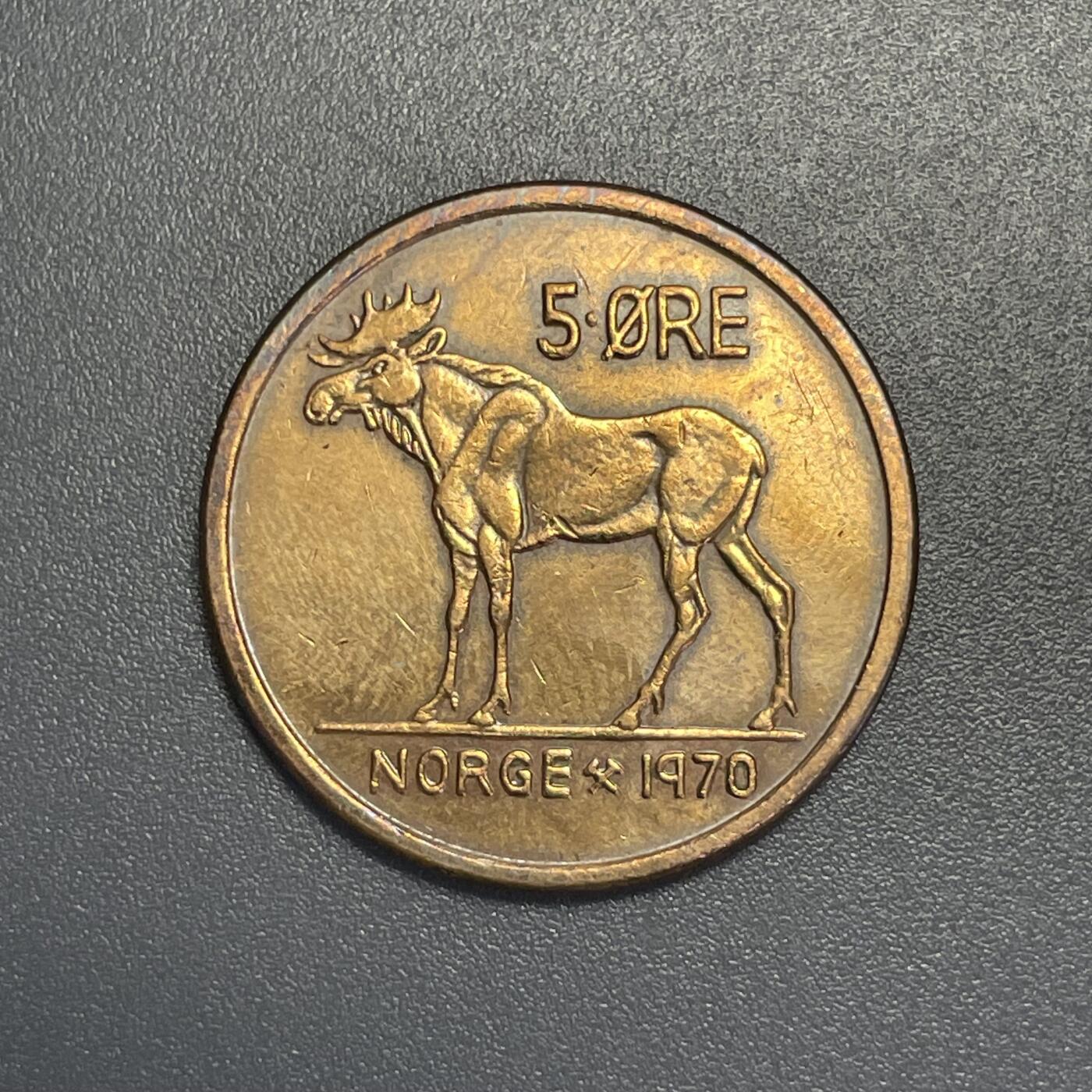 回流钱币1001-1 挪威1970年5欧尔铜币 麋鹿