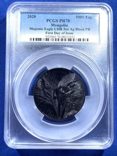 《竞宝斋》第423场 周日，周一，周二  3场连拍 （全场包邮） - 首日封 PCGS PR70 蒙古2020年野生动物系列-草原雄鹰（钌化）5000图格里克精制纪念银币（CIT超高浮雕，5盎司重，999纯银，155.5克，45MM，限量3000枚）加大加厚盒
