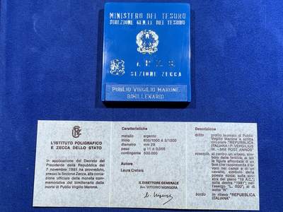 《竞宝斋》第423场 周日，周一，周二  3场连拍 （全场包邮） 意大利1981年维吉尔500里拉纪念银币 原盒+说明书