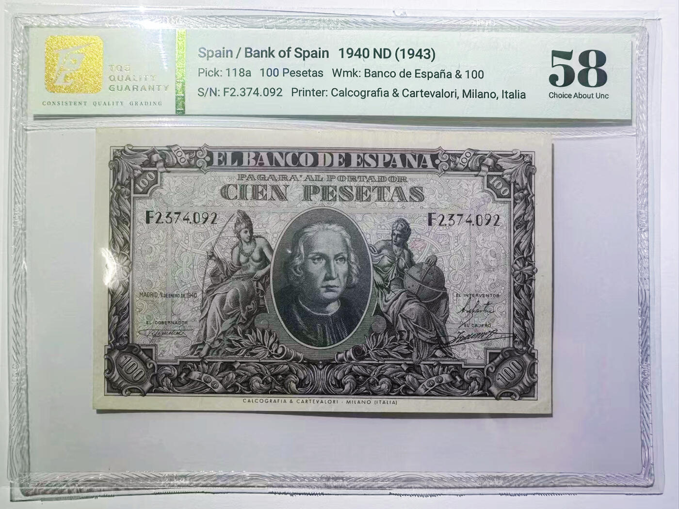【Blue Auction】世界纸币精拍第732期——祝各位藏友国庆中秋假期快乐！ 西班牙 1940年100比塞塔 哥伦布 TQG58