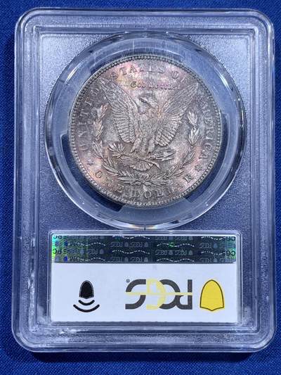 《竞宝斋》第423场 周日，周一，周二  3场连拍 （全场包邮） PCGS MS64 美国1896年摩根1美元银币 鹰面五彩 卷首包浆 原光好品