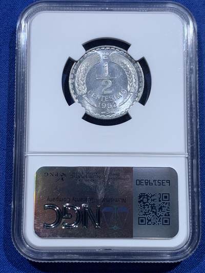 《竞宝斋》第423场 周日，周一，周二  3场连拍 （全场包邮） NGC MS64 智利1962年1/2分铝币，少见品种，此时期少见的面值！此分数收藏合适！