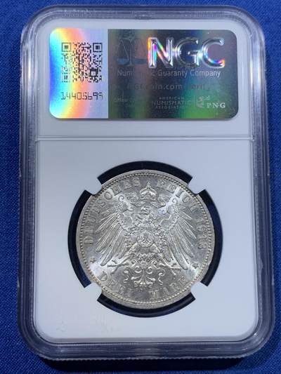 《竞宝斋》第423场 周日，周一，周二  3场连拍 （全场包邮） NGC MS63 德国1913A吕贝克3马克银币