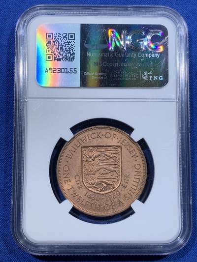 《竞宝斋》第423场 周日，周一，周二  3场连拍 （全场包邮） NGC MS64RB 英属泽西岛1960年1/12先令王朝纪念 红棕色充分氧化超高分少见