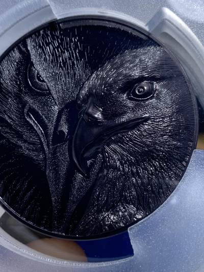 《竞宝斋》第423场 周日，周一，周二  3场连拍 （全场包邮） 首日封 PCGS PR70 蒙古2020年野生动物系列-草原雄鹰（钌化）5000图格里克精制纪念银币（CIT超高浮雕，5盎司重，999纯银，155.5克，45MM，限量3000枚）加大加厚盒