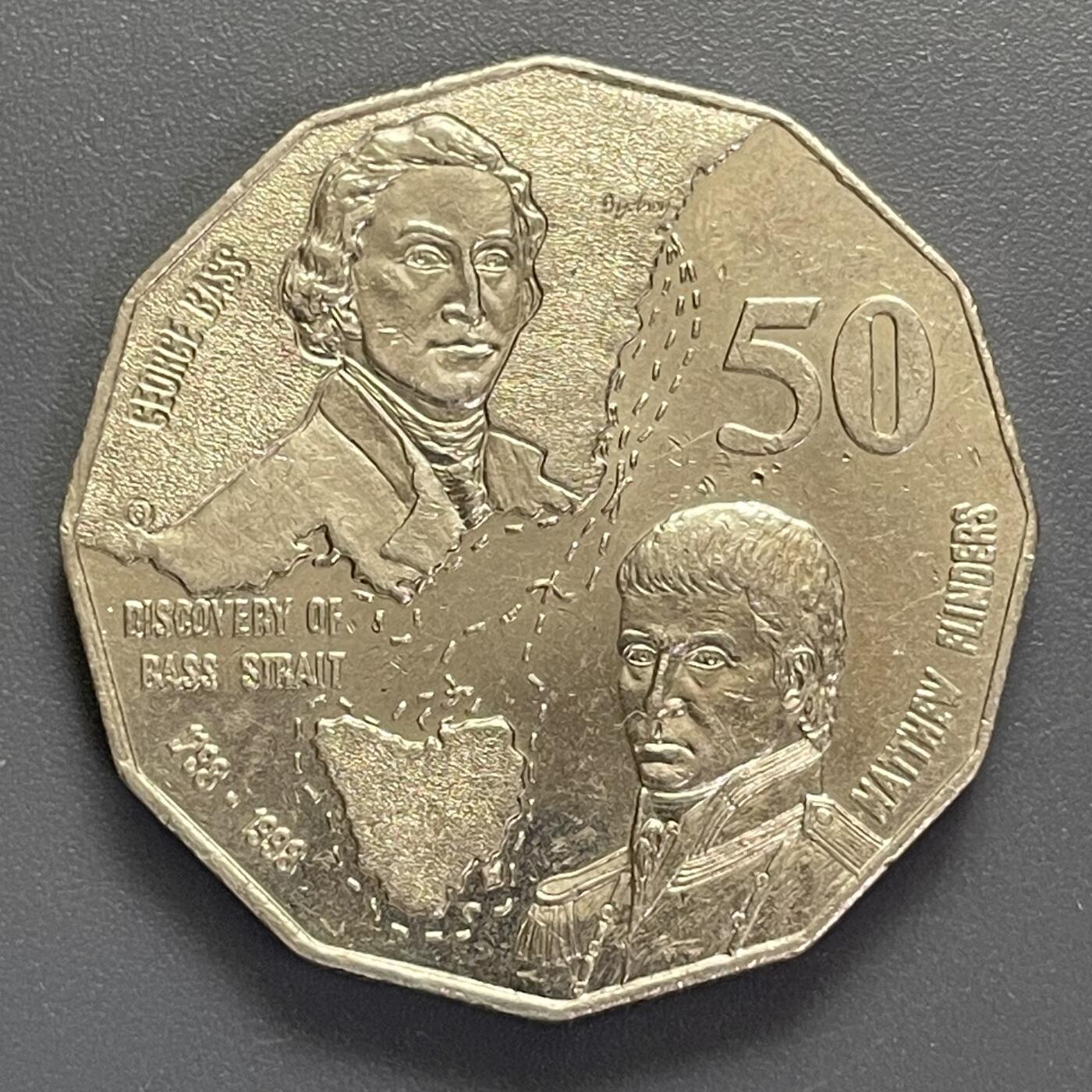 回流钱币1001-1 澳大利亚1998年发现巴斯海峡200周年50分纪念币