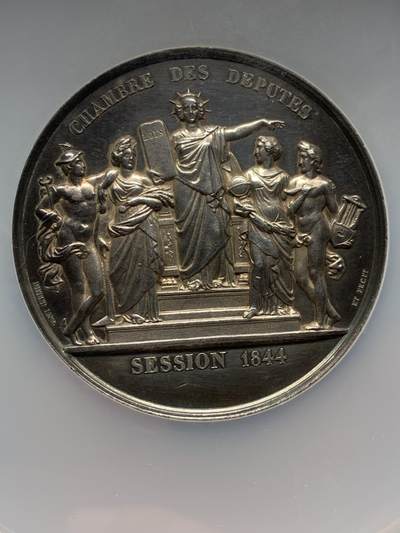 《竞宝斋》第423场 周日，周一，周二  3场连拍 （全场包邮） NGC UNCD 1844年法国七月王朝议会纪念银章 53mm 加大加厚盒