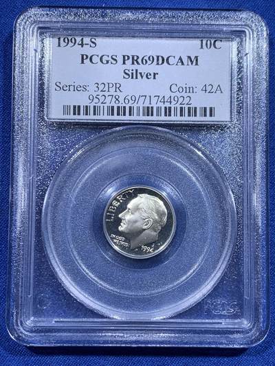 《竞宝斋》第423场 周日，周一，周二  3场连拍 （全场包邮） - PCGS PR69DCAM 美国1994年罗斯福10C银币 高分早期盒子