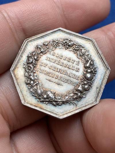 《竞宝斋》第423场 周日，周一，周二  3场连拍 （全场包邮） 法国拿破仑三世园艺八角银代币 蜜蜂银标 11克 28.7mm