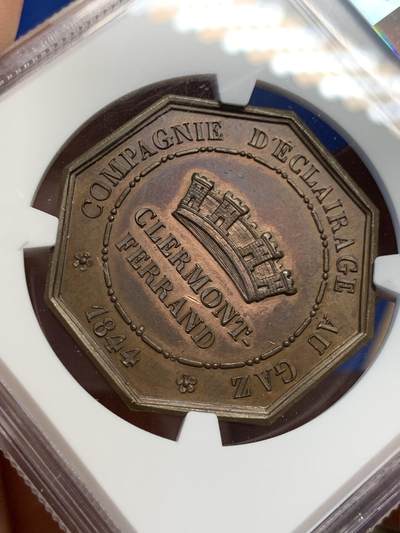 《竞宝斋》第423场 周日，周一，周二  3场连拍 （全场包邮） NGC MS62 法国1844年克莱蒙费朗工业八角铜代币