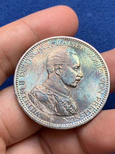 《竞宝斋》第423场 周日，周一，周二  3场连拍 （全场包邮） 德国普鲁士1914年威廉二世军装5马克银币 整体状态不错