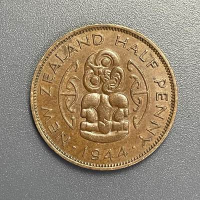 回流钱币1001-1 - 美品 新西兰1944年半便士 乔治六世/毛利人护身符