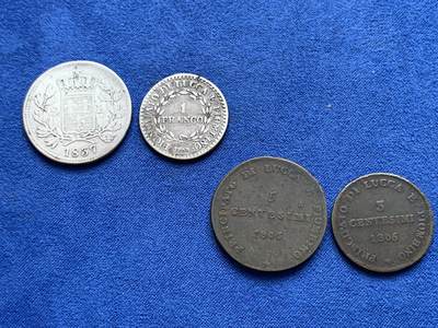 《竞宝斋》第423场 周日，周一，周二  3场连拍 （全场包邮） 四枚一组 意大利拿破仑时期法占卢卡邦国辅币：少见1806年3分和5分面值铜币，1808年1法郎银币，VF品，1837年2里拉银币，F品