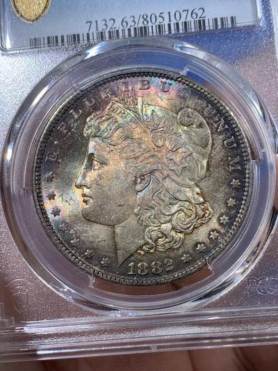 《竞宝斋》第423场 周日，周一，周二  3场连拍 （全场包邮） PCGS MS63 美国1882年摩根女神一美元银币 金属质感五彩包浆