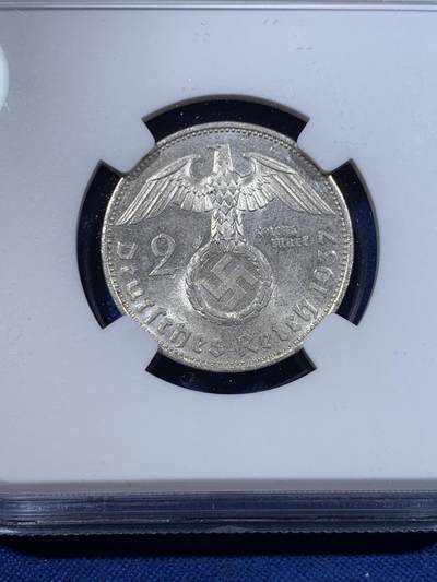 《竞宝斋》第423场 周日，周一，周二  3场连拍 （全场包邮） NGC MS62 德国1937年兴登堡2马克银币