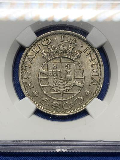 《竞宝斋》第423场 周日，周一，周二  3场连拍 （全场包邮） NGC MS62 筋币 1959葡属印度6埃斯库多 最大面值 上MS品相极为困难 喜欢葡系的不要错过了