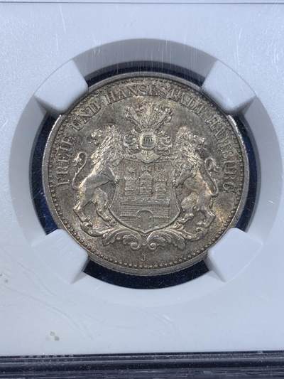 《竞宝斋》第423场 周日，周一，周二  3场连拍 （全场包邮） NGC MS64 德国1907J汉堡-双狮2马克银币 细节见图