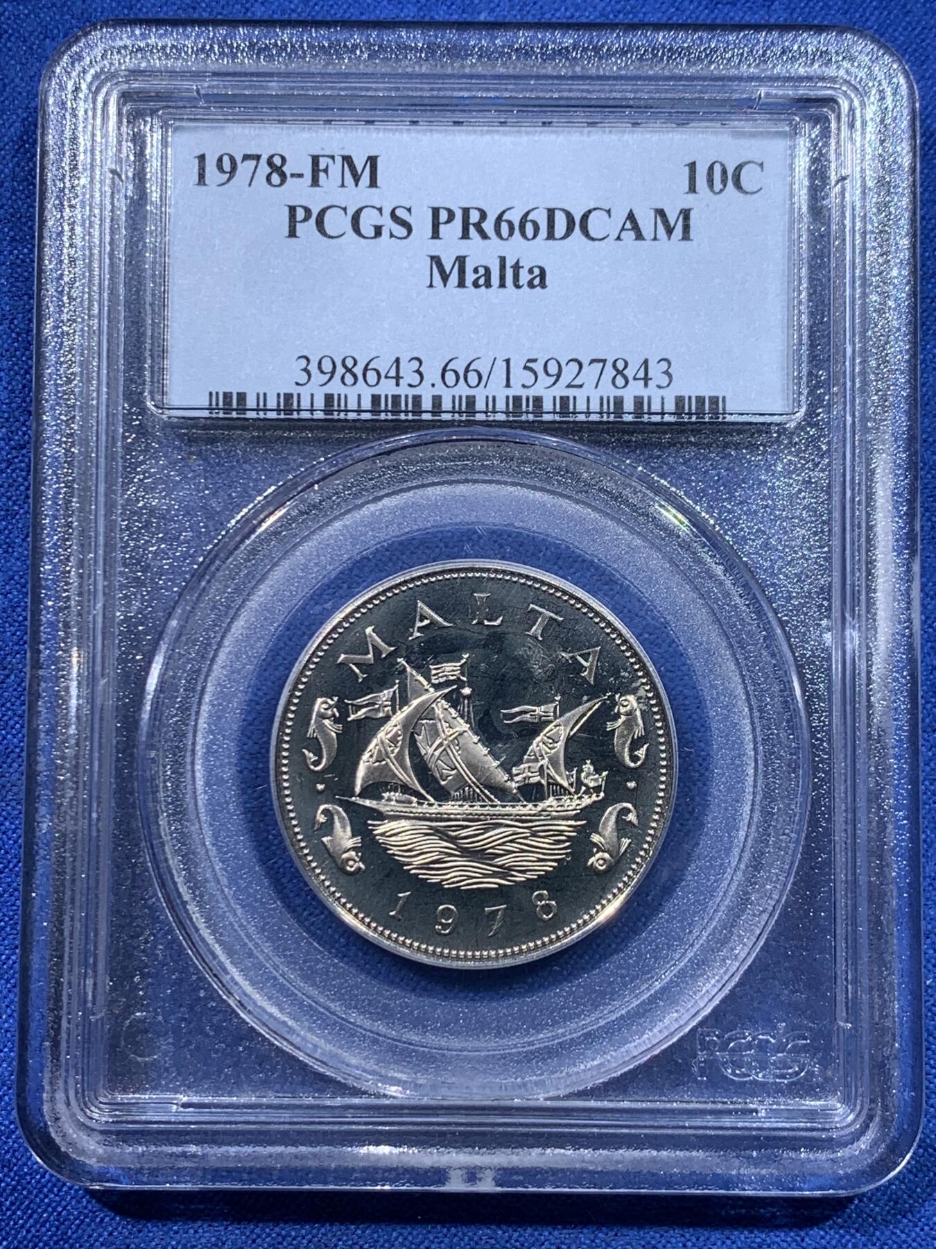 《竞宝斋》第423场 周日，周一，周二  3场连拍 （全场包邮） PCGS PR66DCAM 马耳他1978年精制10分，少见品种，未发现什么大瑕疵，老盒低评。