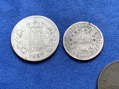 《竞宝斋》第423场 周日，周一，周二  3场连拍 （全场包邮） 四枚一组 意大利拿破仑时期法占卢卡邦国辅币：少见1806年3分和5分面值铜币，1808年1法郎银币，VF品，1837年2里拉银币，F品