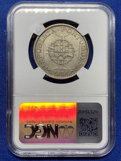 《竞宝斋》第423场 周日，周一，周二  3场连拍 （全场包邮） NGC MS62 筋币 1959葡属印度6埃斯库多 最大面值 上MS品相极为困难 喜欢葡系的不要错过了