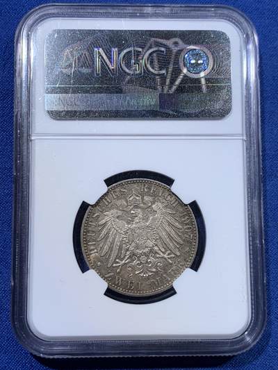 《竞宝斋》第423场 周日，周一，周二  3场连拍 （全场包邮） NGC MS64 德国1907J汉堡-双狮2马克银币 细节见图